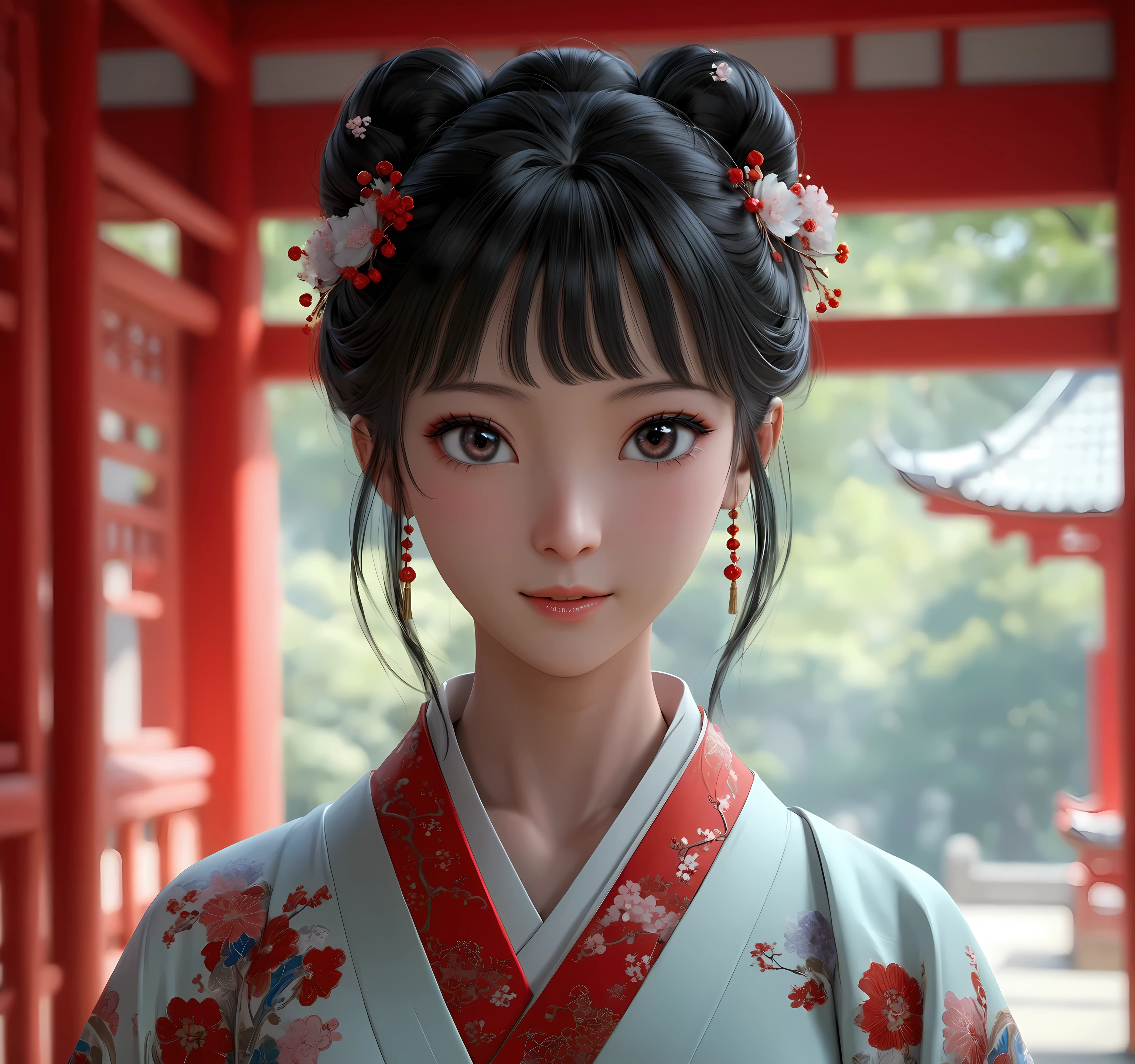 there is a woman with a flowered hair piece in a red and white dress, palace ， a girl in hanfu, realistic anime 3 d style, 3 d anime realistic, artwork in the style of guweiz, render of a cute 3d anime girl, anime styled 3d, japonisme 3 d 8 k ultra detailed, dark fantasy background