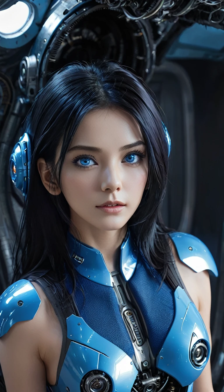 woman, Mechanical Blue Body ，Best Quality, masterpieceUltra HD, 8k,Futuristic spaceship interior，サイバーブルースーツを着たwoman，Black Hair，青 eyes，Shortcuts, Best Quality, High resolution, Ultra HD, blue eyes, 