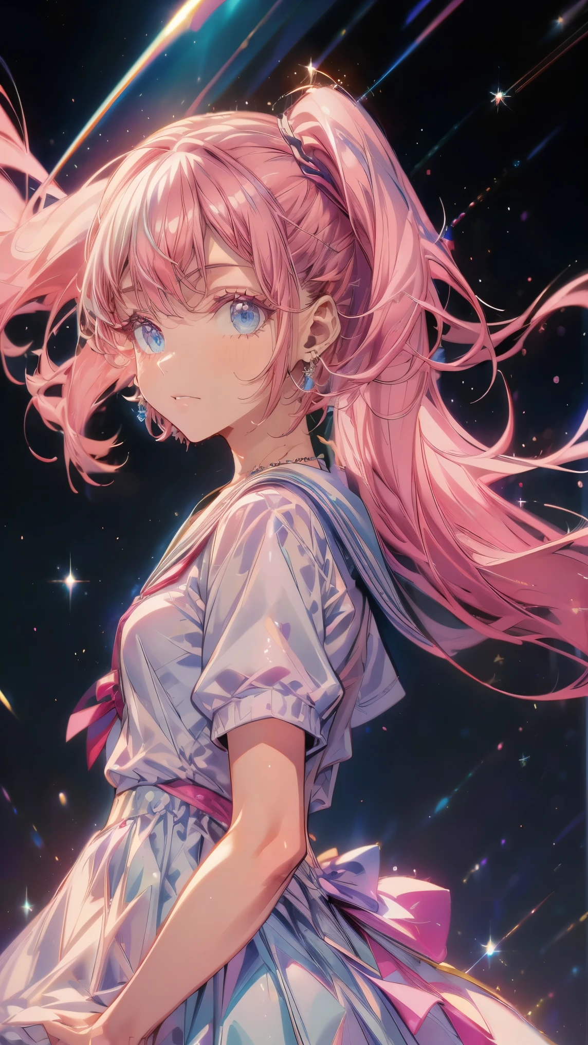 (masterpiece), 4K, Kingdom Hearts Background, Detailed Description, Shining like a star, A cool expression floating in the night sky, Watching over us, Shining Star々, Bringing Happiness,Wearing a sailor uniform, High school girl, Jewel-like pink hair, Jewel-like eyes, aura, anime, Zoom out, colorful, Adult, Twin tails,