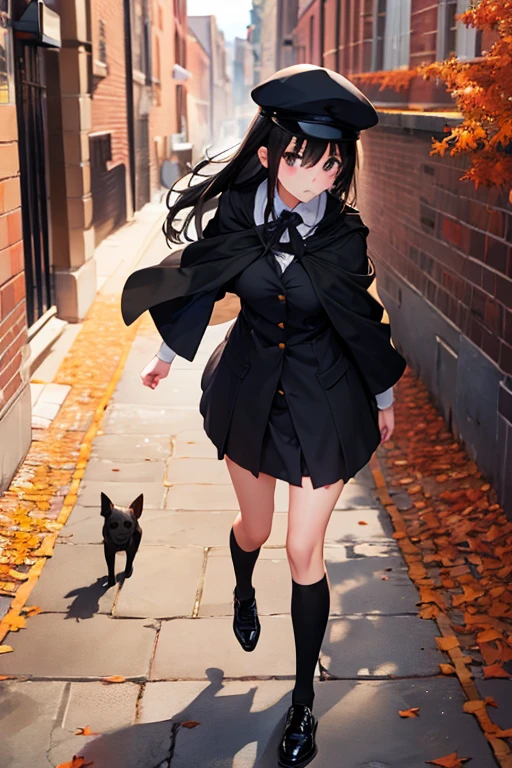 Autumn sky, old brick townscape, falling leaves, long shadows, a high school girl with a black school cap, black cloak, long black hair, black school uniform, black stockings, and black lace-up shoes, turns around, a dog chasing after her