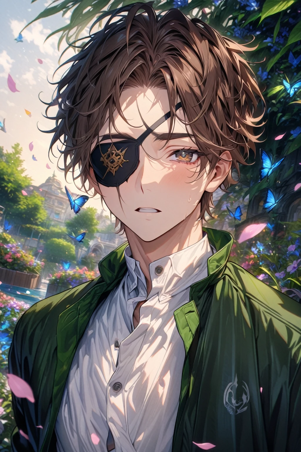 absurdres, highres, ultra detailed, HDR, master piece, Suo Hayato, brown hair, black eye patch, expressive brown eyes, sexy man, best quality, Wind Breaker, solo, sensual, handsome, petals, black uniform, detailed face, glittering eyes, detailed eyes, garden, accessories, blue butterflies, flowers, white shirt