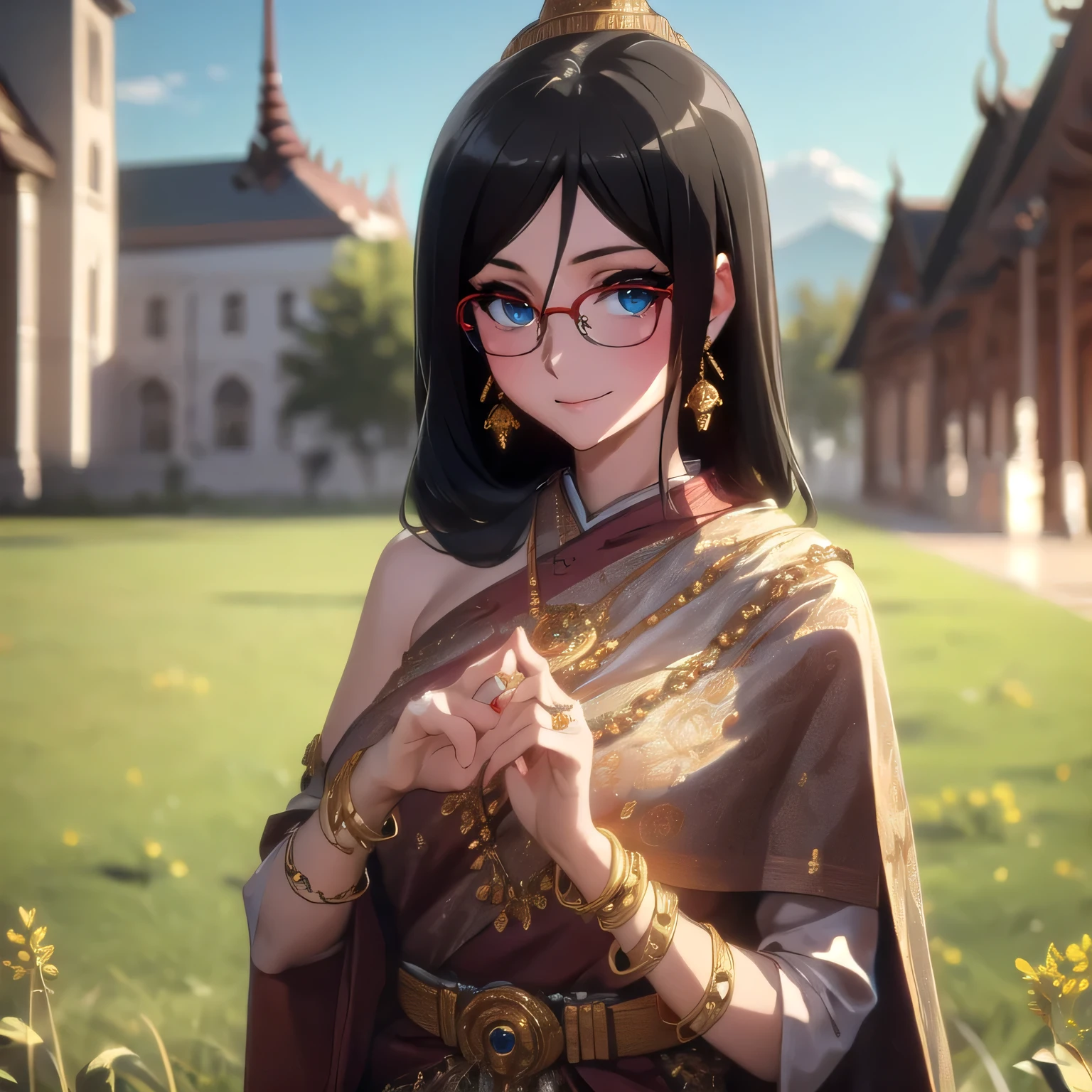 Best quality, masterpiece, High resolution, alone, {Thanaka_Asuka_Euphonium sound:1.15}   black_hair, long_hair, glasses, Light blue_Eyes, shy, Red frame_glasses, Seraph, Beyond the Limit_glasses, Semi-rimless_glasses, hair_between_Eyes,   Look at_Viewers, smile,  (Standing, Grassland, Thai Buddhist temple backdrop:1.4) ((Thai princess:1.3)),(Gorgeous thai costumes with Complex details,The outfit is so pretty.,Beautiful gold jewelry, Complex details,Luxury jewelry,Beautiful edge, Complex details,Minerals:1.2),