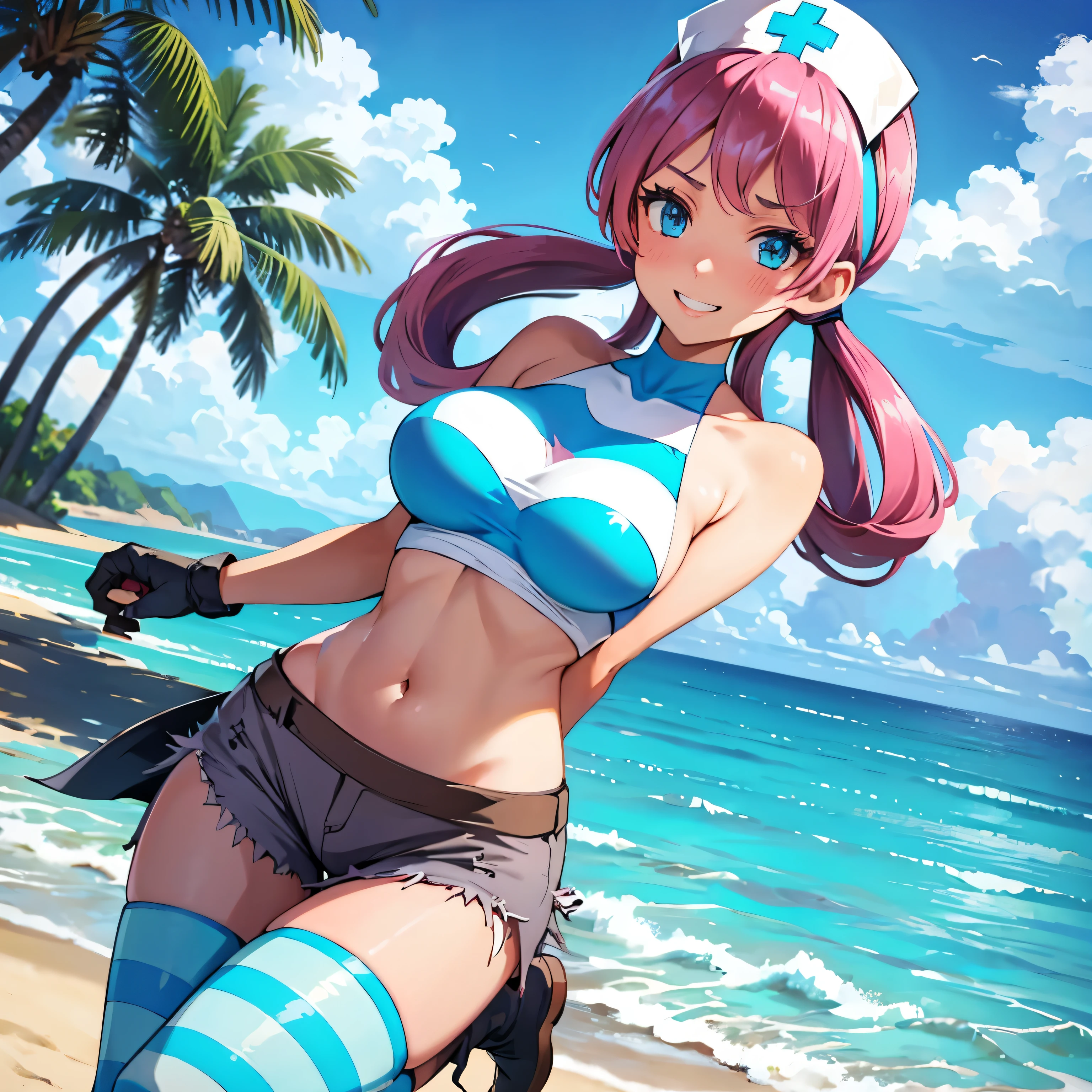 (insanely detailed, beautiful detailed face, masterpiece, best quality), ((masterpiece)),((best quality)),(highres), bokeh, looking at viewer, solo, 1girl, cowboy shot, pkmntag, bandana, striped crop top, armband, black shorts, black gloves, striped leggings, blue boots, smiling, large breast, huge breast, nurse joy, hair rings, bangs, blue eyes, long hair, pink hair, rolled bangs, looped low twintails, (((beach background, sea background))), white skin