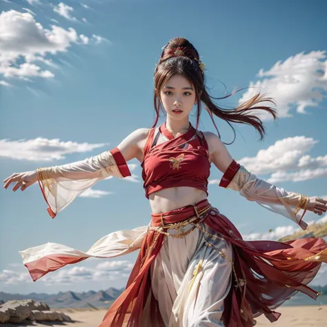 women in hanfu(hinata hyuga) in the song dynasty, her red song hat fluttering in the wind, her swordsmanship is agile and powerf...