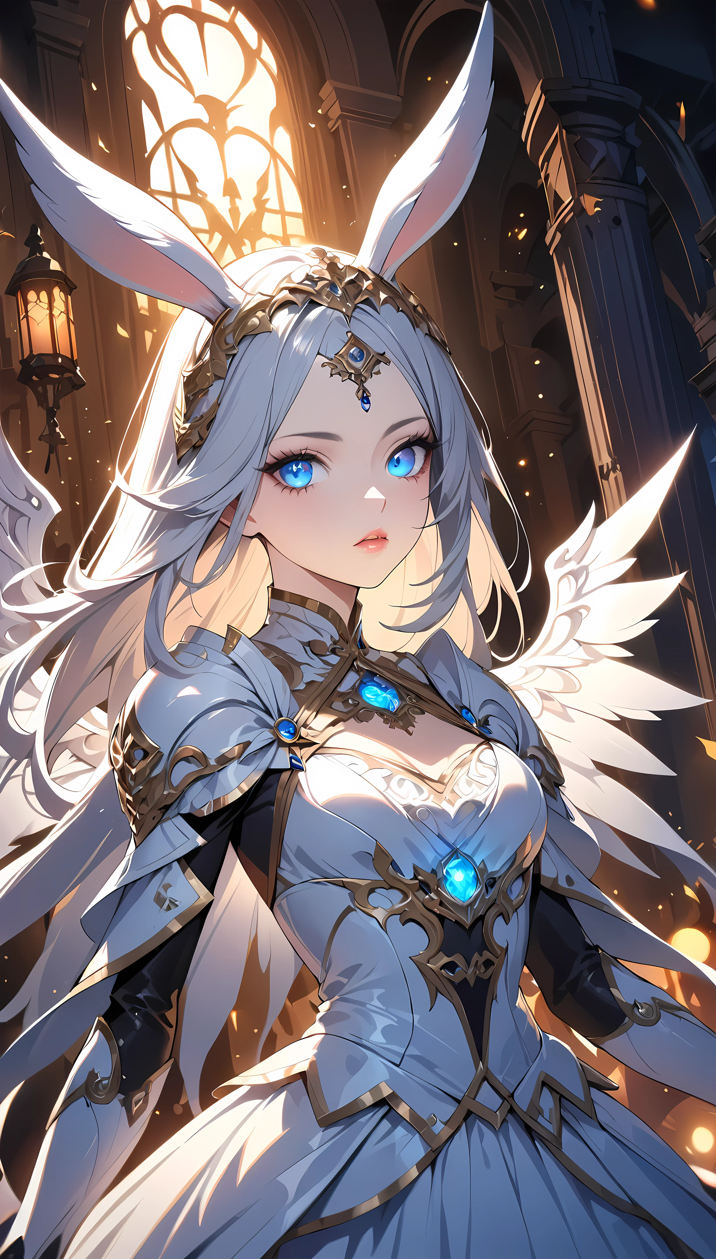 A beautiful angel-like female warrior with long rabbit ears, intricate character design, mystical, aya, Halloween magic, 1girl, detailed facial features, beautiful detailed eyes, beautiful detailed lips, extremely detailed face and portrait, long eyelashes, elegant royal dress, glowing angelic wings, intricate armor, detailed ornaments, dramatic lighting, cinematic, fantasy, dramatic pose, fantastical, ethereal, dramatic colors, vibrant, digital art, concept art, hyper detailed, 8k, masterpiece, best quality, photorealistic, Halloweenイベントコラボキャンペーン, 