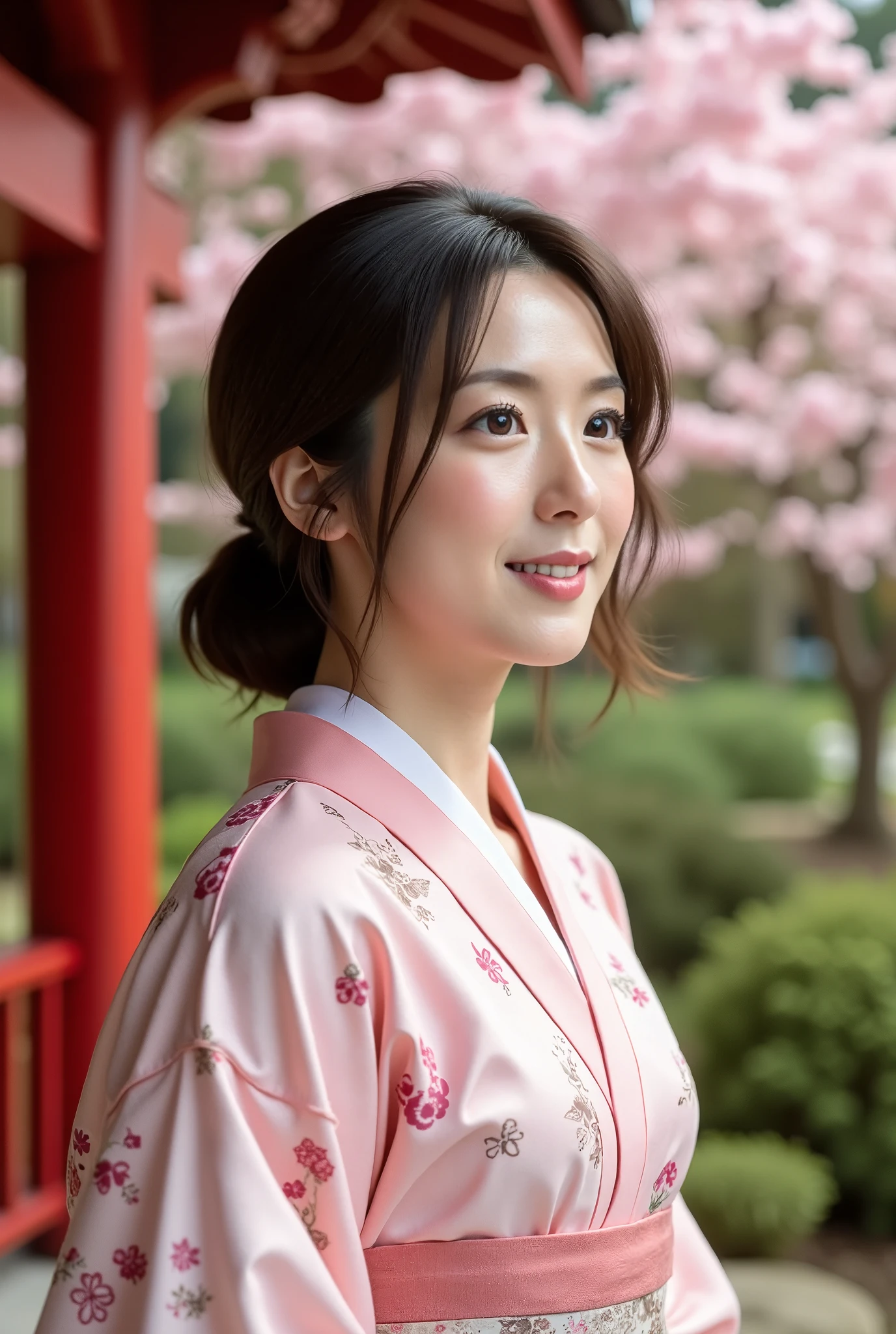 A photo of a serene east-asian woman dressed in a delicate, floral-patterned traditional kimono standing outdoors near a red wooden structure adorned with pink cherry blossoms. The woman is smiling softly, gazing to the side, with her dark brown hair neatly tied back into a low bun. The kimono features light pink and white colors with soft floral designs, enhancing the peaceful and elegant atmosphere. She is positioned in a tranquil garden with lush greenery and subtle architectural elements in the background, contributing to the calming ambiance of the scene. The light is soft and natural, bringing a warm and gentle glow to the entire setting, emphasizing the peaceful beauty of the moment.