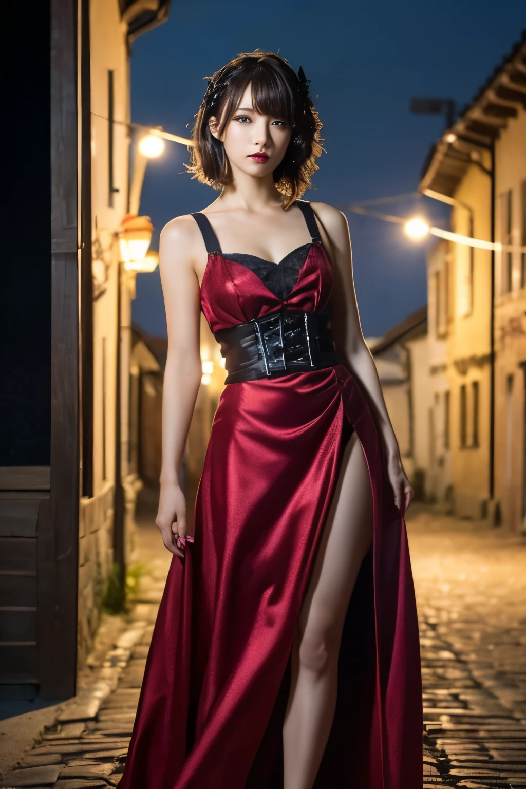 1 girl, (She is wearing a red dress:1.2), (Gothic Makeup), Portrait of a very cute Japanese symphonic metal singer, (RAW Photo Best Quality), (Realistic, Realistic:1.4), (masterpiece), 
Very delicate and beautiful, Very detailed, 2k wallpaper, wonderful, finely, Very detailed CG Unity 8K wallpaper, Very detailed, High resolution, Soft light, 
Beautiful detailed girl, Very detailed目と顔, A beautiful and elegant nose, Beautiful beautiful eyes, Cinema Lighting, 
(She stands in an empty medieval town:1.3), (Night Sky, milky way), (Girl full body silhouette:1.2), (Dark screen:1.5), (I am so lonely),
(short hair), (Messy Hair), 
Perfect Anatomy, Slender body, Small breasts