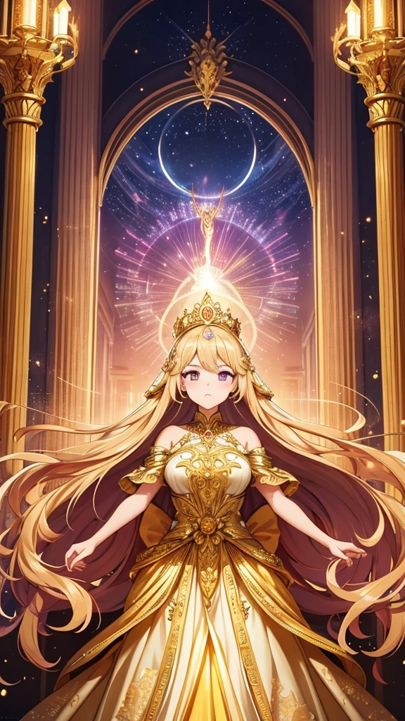 Transform the majestic figure into a cute, chibi character with a 3-heads tall proportion, while maintaining the overall composition. The character retains an elaborate, flowing gown in white and gold, with long golden hair cascading in waves. She wears an intricate golden crown adorned with lavish floral motifs. In her left hand, she holds an antique black hanging balance, while in her right hand, she raises a short sword engulfed in flames. 
For the background, create an opulent and grand atmosphere that enhances the scene. Incorporate rich colors, such as deep purples, vibrant golds, and sparkling silvers, with swirling, ethereal patterns and ornate designs. Add elements like floating celestial bodies, shimmering stars, and radiant light beams to evoke a sense of wonder and majesty. The overall background should envelop the character in an overwhelming totality of luxury, making her divine presence even more striking.