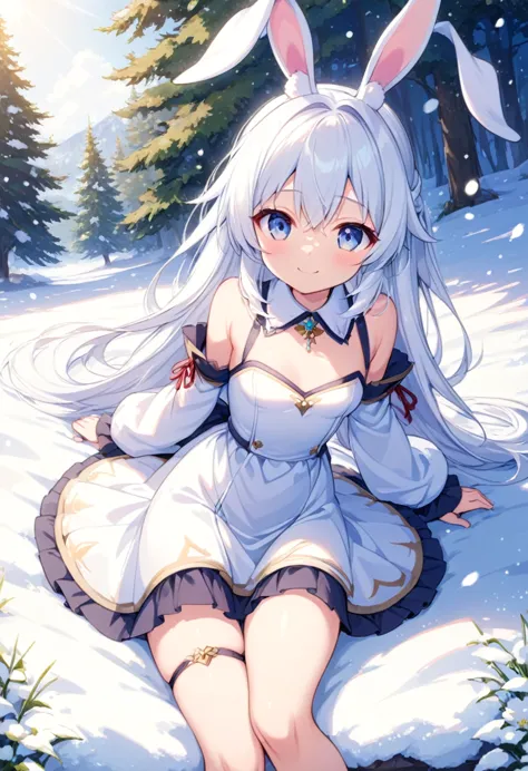 masterpiece, one girl, small breasts.long hair in the snow, wearing a dress, skirt, フレアskirt, smile, anime fantasy, white hair f...