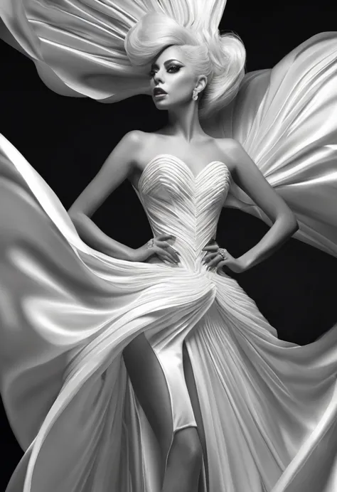 gaga em um vestido black and white e botas, black haute couture, detailed fashion illustration, dressed in a long flowing skirt,...