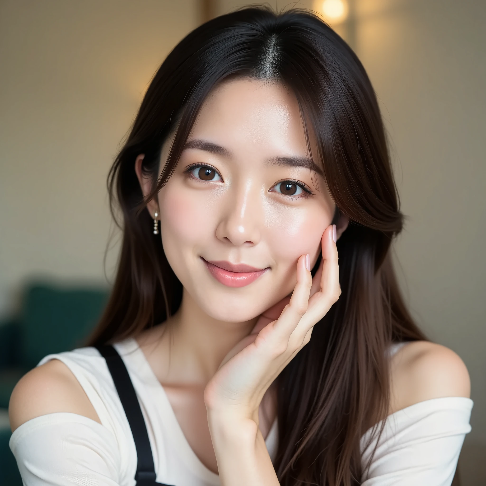 A photo of a young Korean woman with flawless, glowing skin and a soft smile, giving off a warm and friendly vibe. Her long, straight dark brown hair is neatly styled, framing her face and cascading down her shoulders. She is dressed in a casual yet stylish white top with black accents, which subtly highlights her delicate collarbones. Her pose is relaxed as she rests her cheek on her hand, looking directly at the camera with gentle, almond-shaped eyes. She is wearing small, elegant earrings that add a touch of refinement to her appearance. The background is softly lit, with muted tones of beige and light green, creating a calm and cozy atmosphere