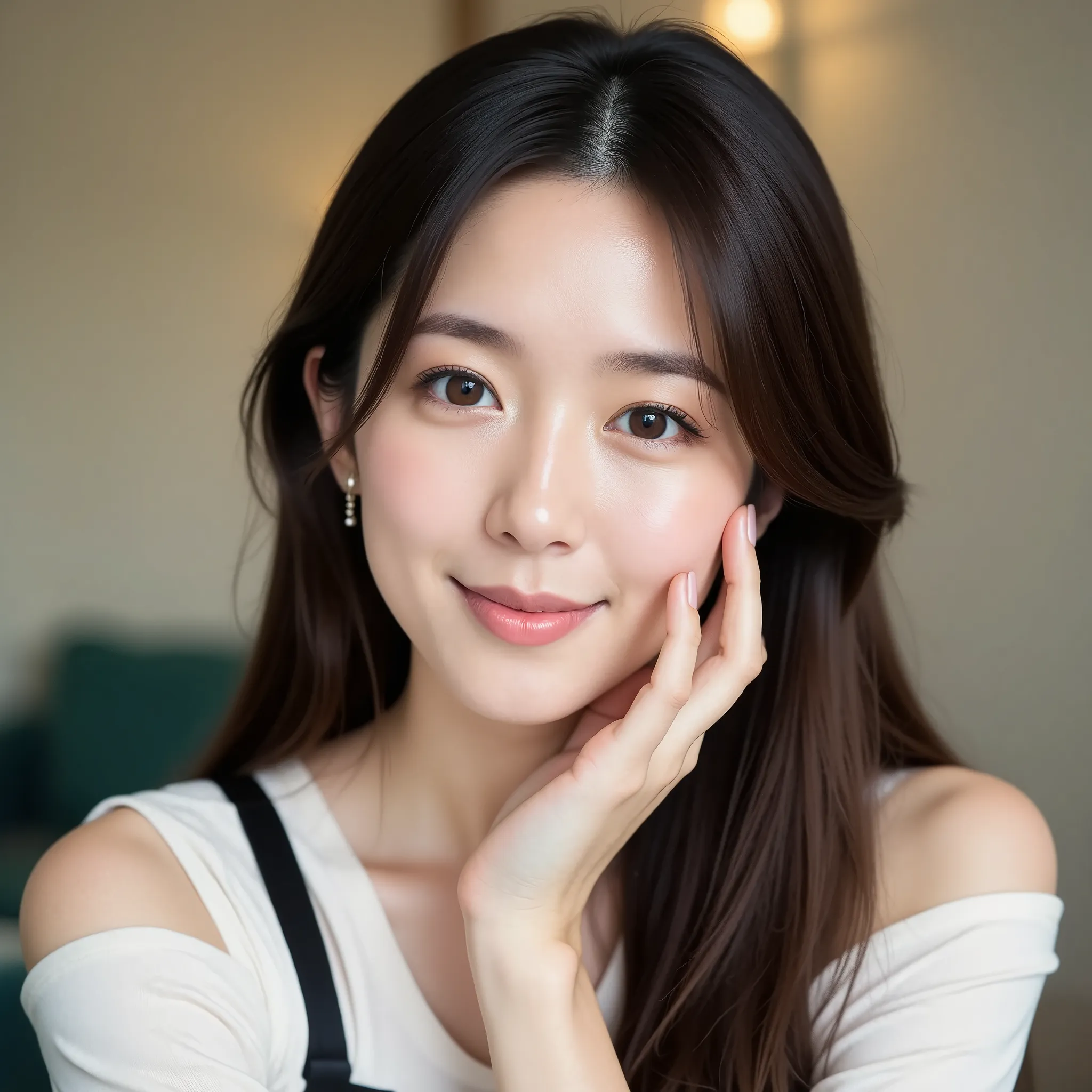 a photo of a young korean woman with flawless, glowing skin and a soft smile, giving off a warm and friendly vibe. her long, str...