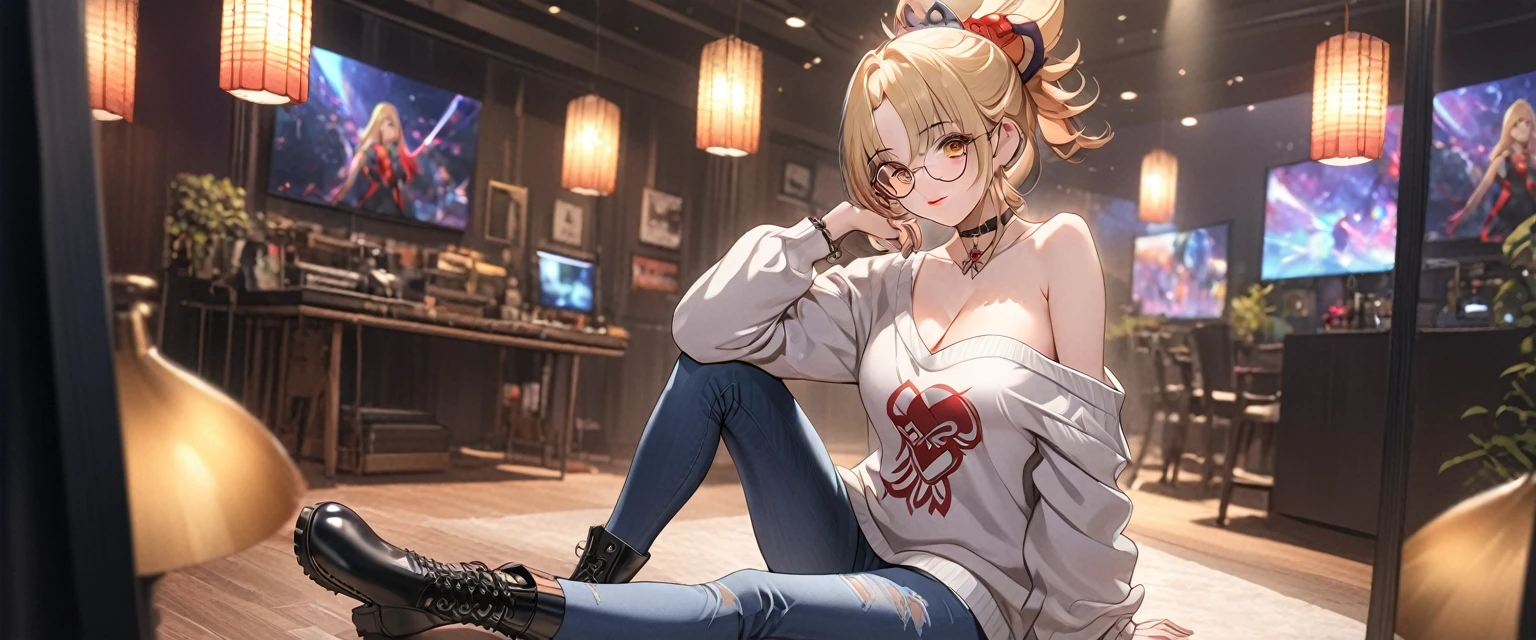 A stylish oversized sweater with a graphic design, skinny jeans, fashionable boots, beautiful detailed face, beautiful detailed eyes, beautiful detailed lips, highly detailed,8k, highres, masterpiece, ultra-detailed, studio lighting, vivid colors, fashion, trending, stylish, elegant, cinematic lighting,full body ,(\xiao gong\), full body, blonde hair,ponytail, hair ornament,yellow eyes,choker, cleavage,chestwhole body , solo, 1 person, full body 1women ,4k, 8k, uhd, hdr, detailed background,mature female, wearing round glasses, full body, indoors
