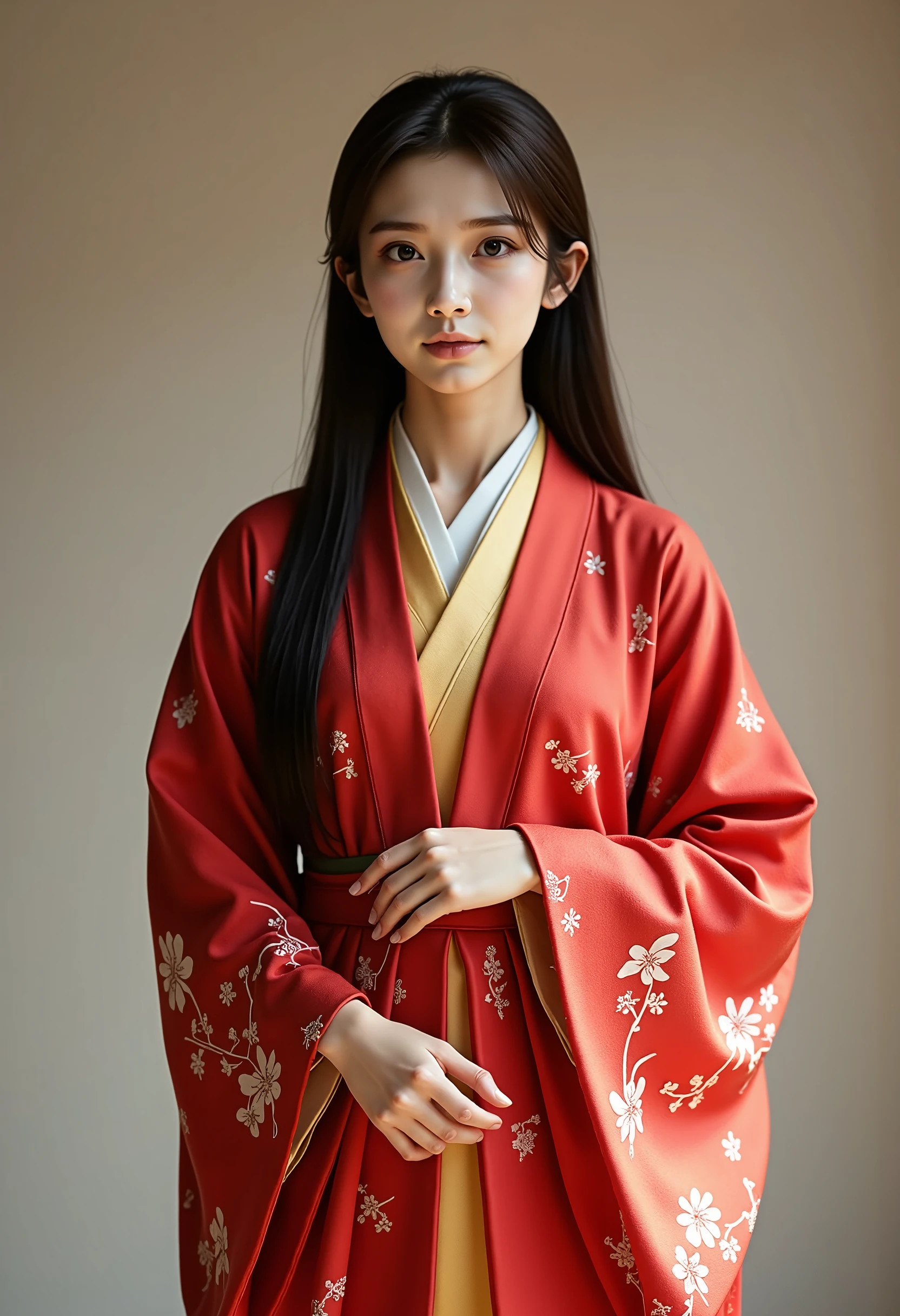 A photorealistic image of a young East Asian woman dressed in traditional Sengoku-era attire. She is wearing a red uchikake (ceremonial kimono-style outer robe) with intricate white floral patterns, softly blending into the fabric like cherry blossoms. The uchikake elegantly drapes over a golden yellow kimono underneath, visible at the collar and hem. Her long, straight black hair falls naturally down her back, and her serene expression is highlighted by the soft lighting. Her hands are gently clasped in front of her, standing in a composed and graceful pose. The background is minimalistic with subtle lighting that creates soft shadows, focusing attention on her traditional attire and calm demeanor. The scene evokes a sense of elegance and tranquility, capturing the essence of Japanese clothing from the Sengoku period with a modern, photorealistic touch