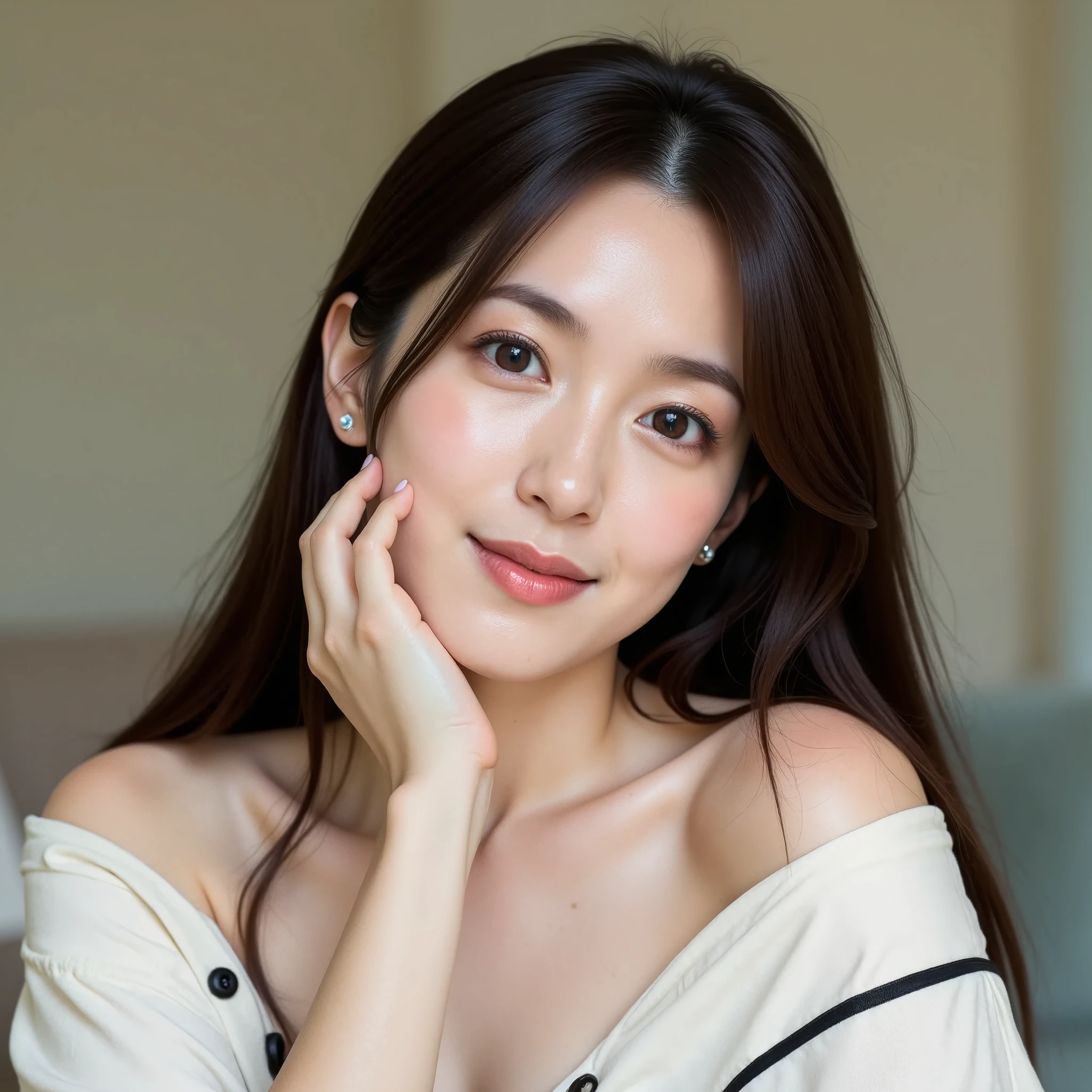 A photo of a young Korean woman with flawless, glowing skin and a soft smile, giving off a warm and friendly vibe. Her long, straight dark brown hair is neatly styled, framing her face and cascading down her shoulders. She is dressed in a casual yet stylish white top with black accents, which subtly highlights her delicate collarbones. Her pose is relaxed as she rests her cheek on her hand, looking directly at the camera with gentle, almond-shaped eyes. She is wearing small, elegant earrings that add a touch of refinement to her appearance. The background is softly lit, with muted tones of beige and light green, creating a calm and cozy atmosphere