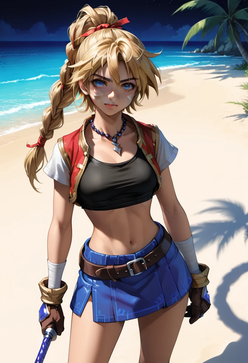 1 adult woman, character "Kid" from chrono cross, kid (chrono cross), ((mature face)), 20 years old, yellow hair in a high braided ponytail, (medium-small bust:1.4), navel, erect nipples under clothing, standing on white sandy beach, in various fighting poses, fitted jacket 3/4 cropped (red), tiny white mincrobikin top under jacket, tight fitting micro skirt (red), bikini underboob, loose leather boots, ankle wraps, detailed face, detailed eyes, detailed lips, highly detailed hands, 8k, UHD, ultra-detailed 90s era anime style, cinematic lighting, vivid colors, dramatic shadows, masterpiece, award winning art, wide angle, (full length portrait), (kdecc, ponytail, facial mark, necklace, crop top, vest, midriff, skirt, gloves), 