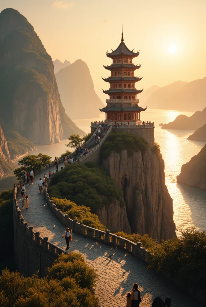 Standing at the top of Mountain, the Yellow Crane Tower is illuminated by golden sunlight shining on the ancient glazed tiles, reflecting the waves of the Yangtze River. There are few visitors inside, and only a few white egrets dance gracefully by the river, adding a touch of tranquility and harmony.
﻿
full body, Professional, perfect composition, ultra-detailed, intricate details