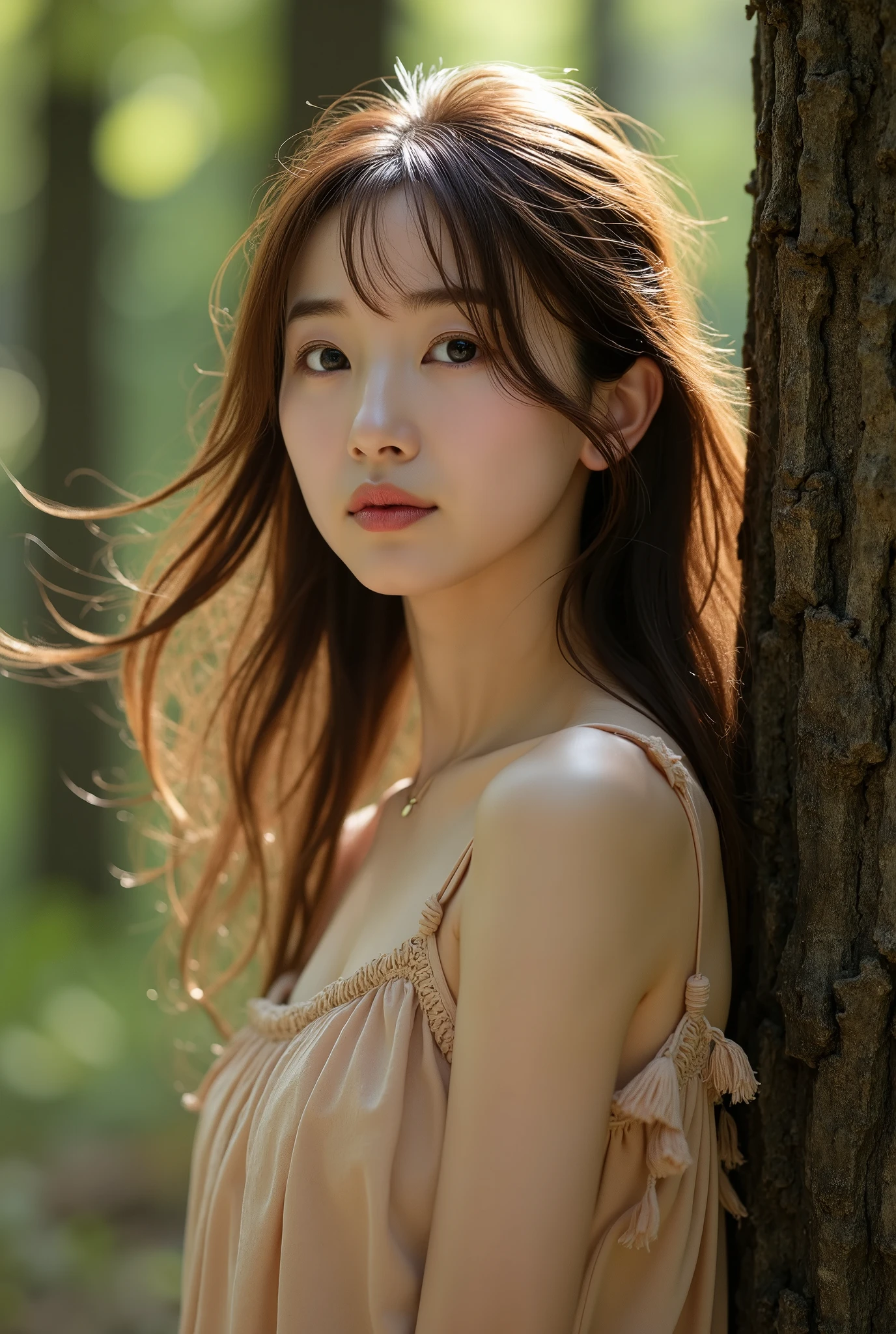 A photorealistic dynamic portrait of a young korean woman standing next to a tree in a forest, with her hair blowing naturally in the wind. The wind gently lifts her hair, creating a sense of motion, but still maintaining a natural and balanced look. The sunlight filters softly through the trees, casting warm highlights on her face and hair. Her expression is calm yet focused, capturing the energy of the moment without being overly exaggerated. The background forest remains slightly blurred, emphasizing her figure and the flowing movement of her hair in a poetic and cinematic way.