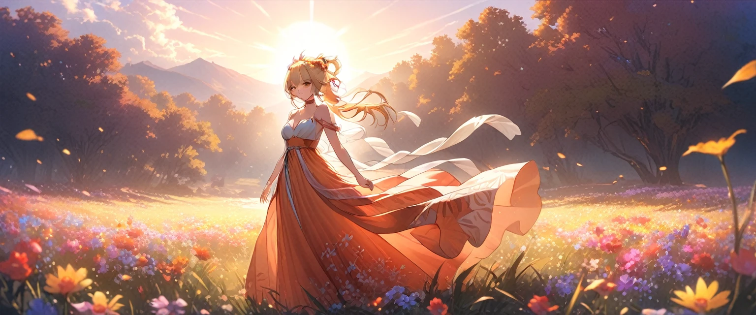 a girl in a bohemian style dress, long flowing maxi dress with floral patterns, beautiful detailed eyes, beautiful detailed lips, flower crown, standing in a field of flowers, golden hour lighting, cinematic composition, dreamlike, ethereal, vibrant colors, rich texture, highly detailed, (\xiao gong\), full body, blonde hair,ponytail, hair ornament,yellow eyes,choker, cleavage,chestwhole body , solo, 1 person, full body 1women ,4k, 8k, uhd, hdr, detailed background,mature female, wearing round glasses, full body, 