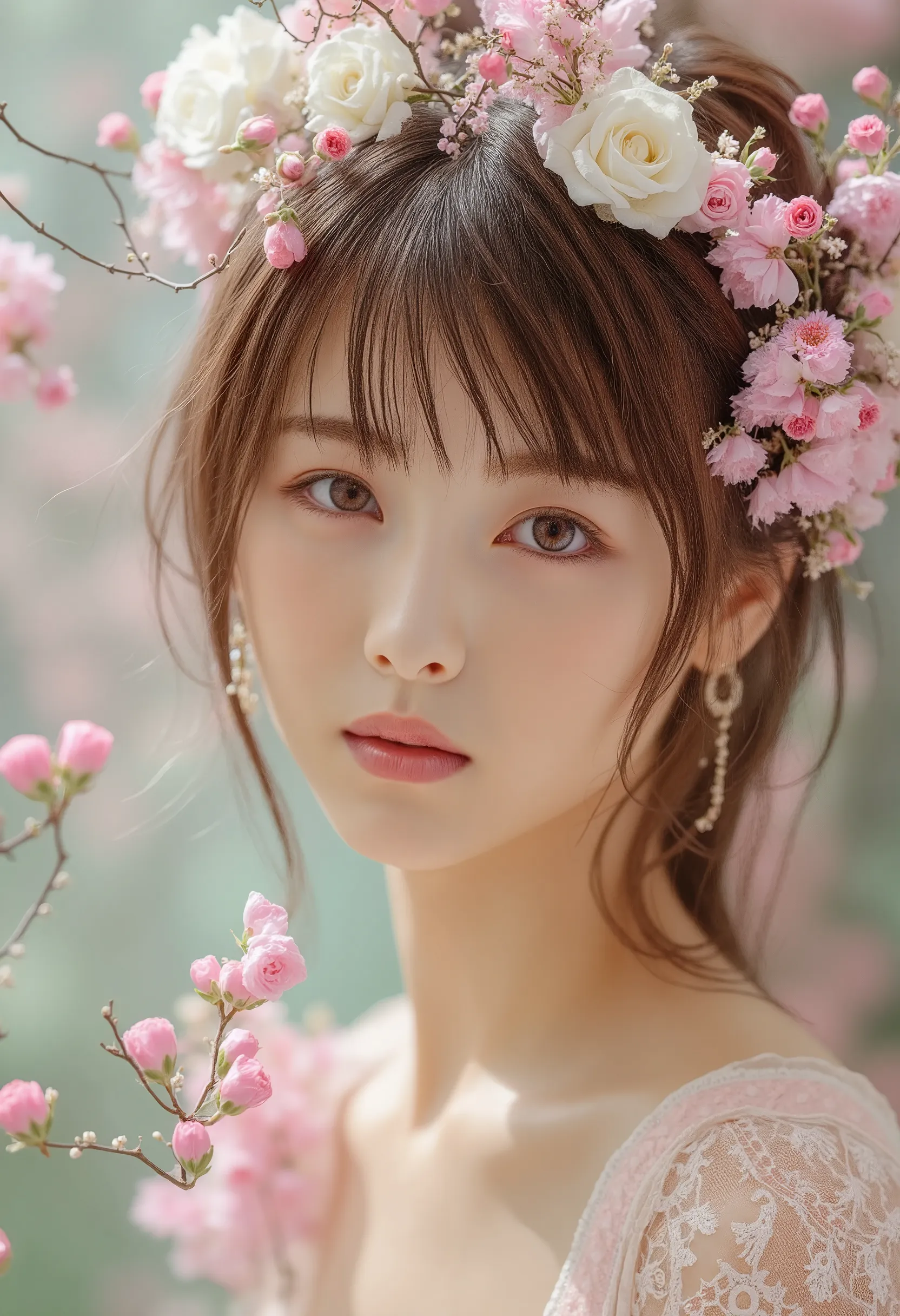 a photorealistic, soft-focus portrait of a young woman wearing a delicate floral crown, in an ethereal and whimsical style. the ...