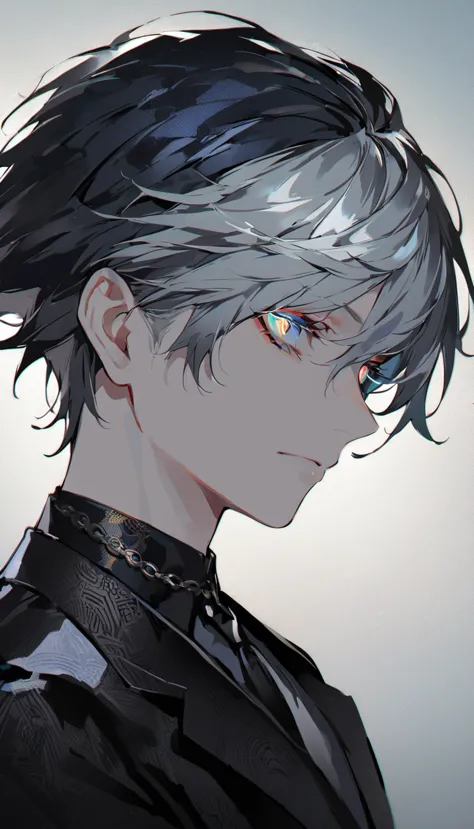 A young boy, donned in an elegant black suit reminiscent of classic mafia attire, occupies the scene's central focus. His silver hair gleams brightly, creating a striking contrast with his dark attire. A white mask cloaks his face, leaving only his eyes to pierce the darkness. These eyes are a mesmerizing shade of blue, shining brightly with an unwavering stern gaze. The background is a stark black and white pattern, adding a sense of intensity to the image.