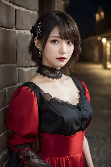 1 girl, (she is wearing a red dress:1.2), (gothic makeup), portrait of a very cute japanese symphonic metal singer, (raw photo b...