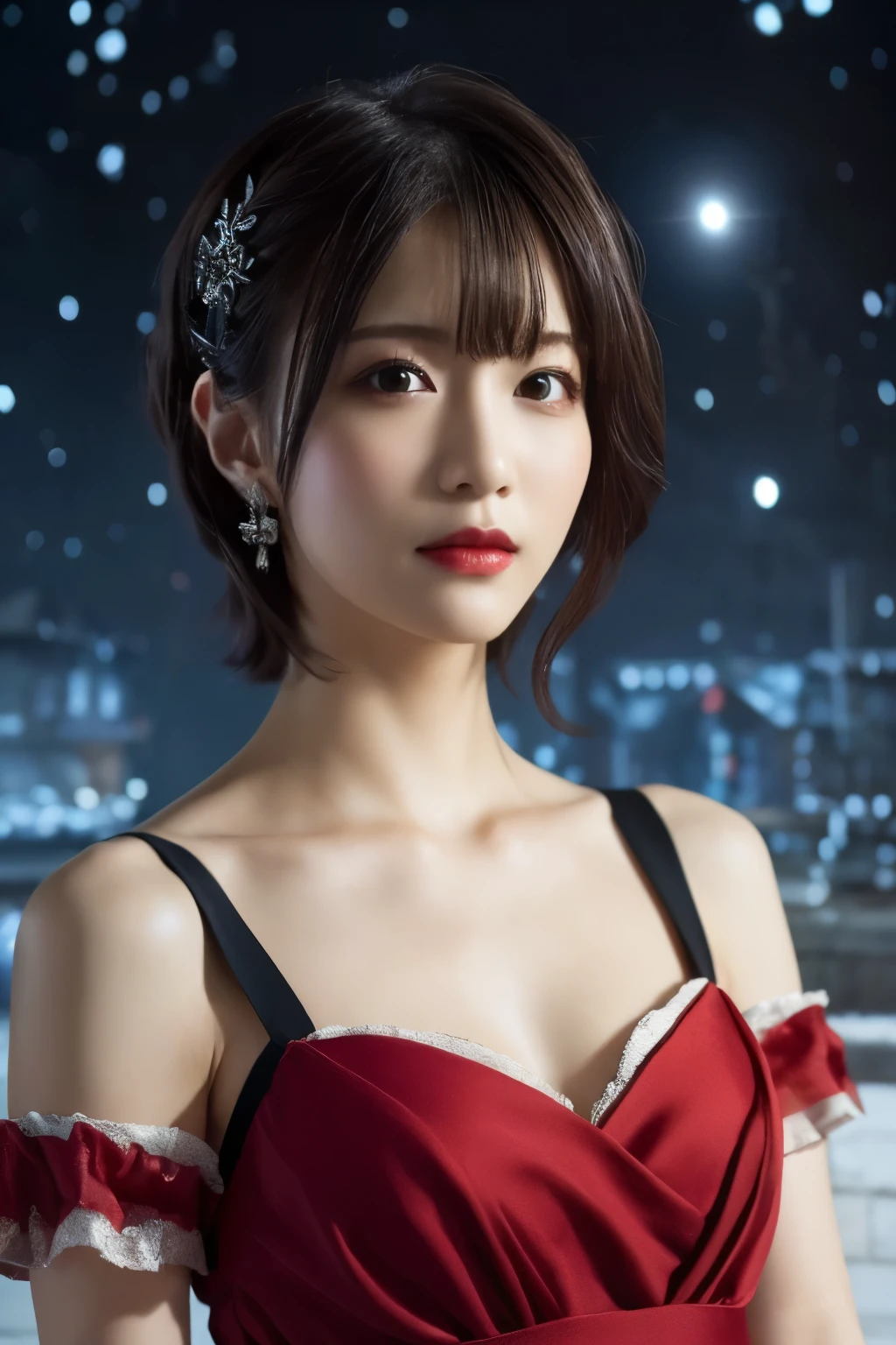 1 girl, (She is wearing a red dress:1.2), (Gothic Makeup), Portrait of a very cute Japanese symphonic metal singer, (RAW Photo Best Quality), (Realistic, Realistic:1.4), (masterpiece), 
Very delicate and beautiful, Very detailed, 2k wallpaper, wonderful, finely, Very detailed CG Unity 8K wallpaper, Very detailed, High resolution, Soft light, 
Beautiful detailed girl, Very detailed目と顔, A beautiful and elegant nose, Beautiful beautiful eyes, Cinema Lighting, 
(She stands in an empty medieval town:1.3), (Night Sky, milky way), (Girl full body silhouette:1.2), (Dark screen:1.5), (I am so lonely),
(short hair), (Messy Hair), 
Perfect Anatomy, Slender body, Small breasts