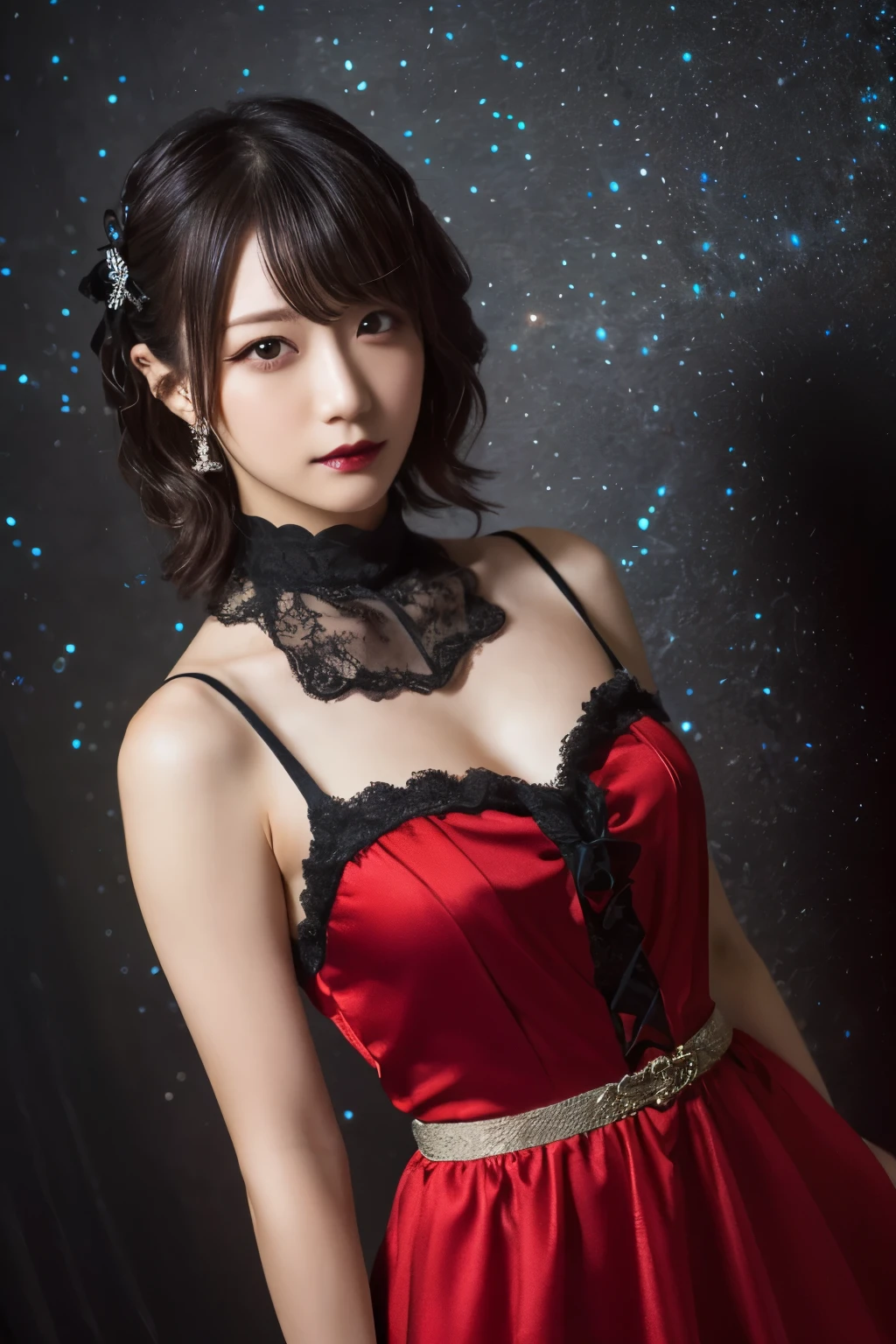 1 girl, (She is wearing a red dress:1.2), (Gothic Makeup), Portrait of a very cute Japanese symphonic metal singer, (RAW Photo Best Quality), (Realistic, Realistic:1.4), (masterpiece), 
Very delicate and beautiful, Very detailed, 2k wallpaper, wonderful, finely, Very detailed CG Unity 8K wallpaper, Very detailed, High resolution, Soft light, 
Beautiful detailed girl, Very detailed目と顔, A beautiful and elegant nose, Beautiful beautiful eyes, Cinema Lighting, 
(She stands in an empty medieval town:1.3), (Night Sky, milky way), (Girl full body silhouette:1.2), (Dark screen:1.5), (I am so lonely),
(short hair), (Messy Hair), 
Perfect Anatomy, Slender body, Small breasts