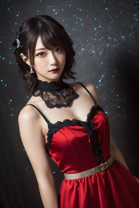 1 girl, (she is wearing a red dress:1.2), (gothic makeup), portrait of a very cute japanese symphonic metal singer, (raw photo b...