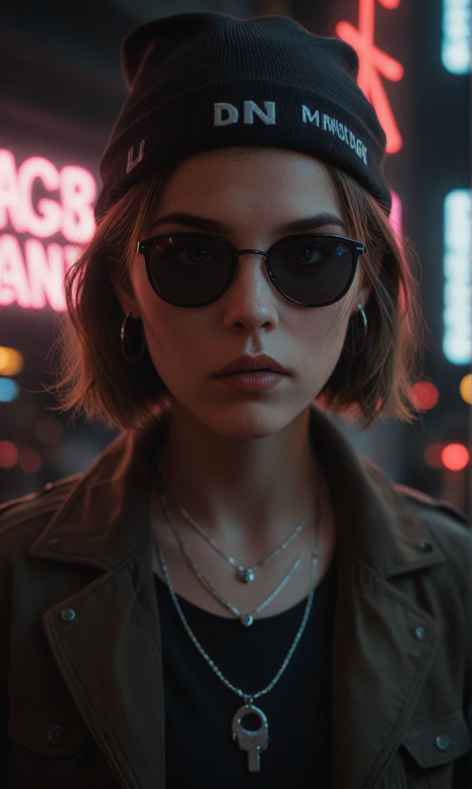 score_9, score_8_up, score_7_up, face close up, alternative girl, watching over black sunglasses, jacket, necklace, neon light reflections on skin, ear ring, makeup, skin imperfection, short hair, beanie, neon lights background, low light, depth of field, highly detailed, high contrast, film grain, Rim Lighting, Long Exposure, DSLR