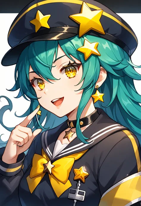 girl with long dark turquoise hair, yellow eyes, yellow star pin in her head making keys holders