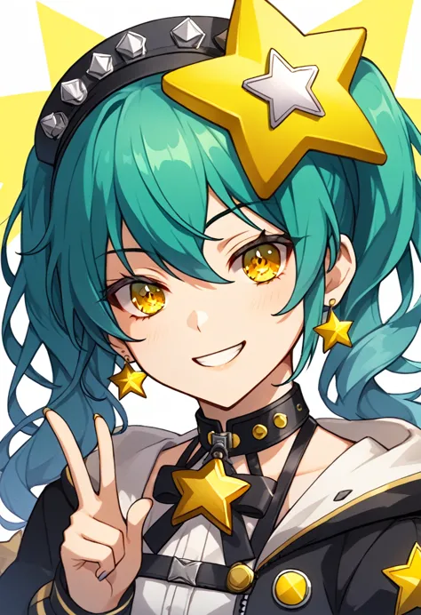 girl with long dark turquoise hair, yellow eyes, yellow star pin in her head making keys holders