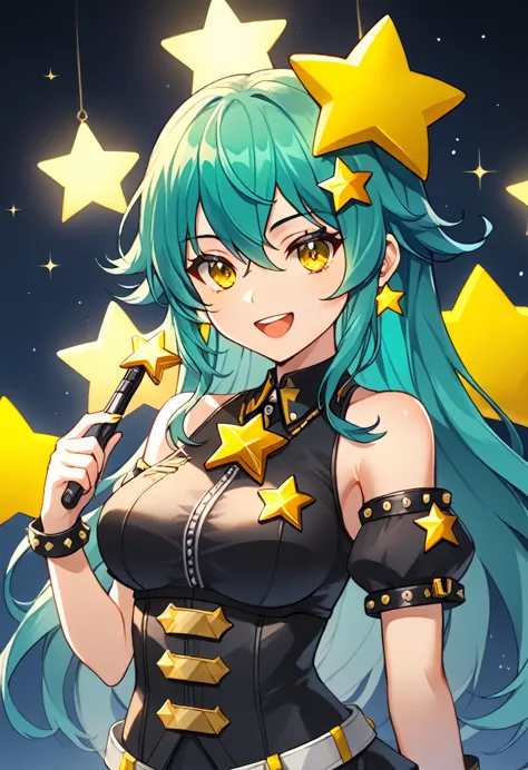 girl with long dark turquoise hair, yellow eyes, yellow star pin in her head making keys holders