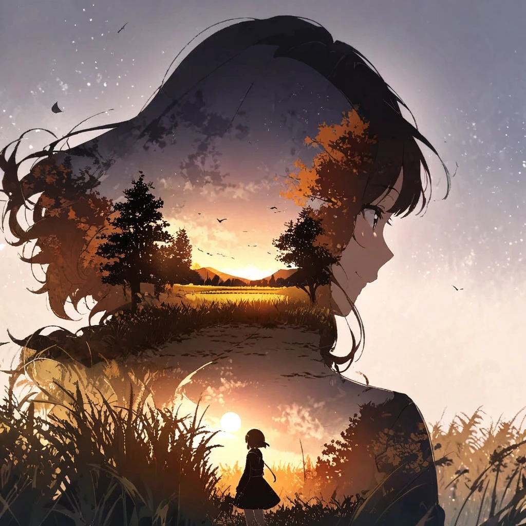 Girl, long-sleeved dress (double exposure, pampas grass field, moonlit night), smiling face, detailed anime style, background of ginkgo trees, autumn scenery, beautiful expression of sunlight,