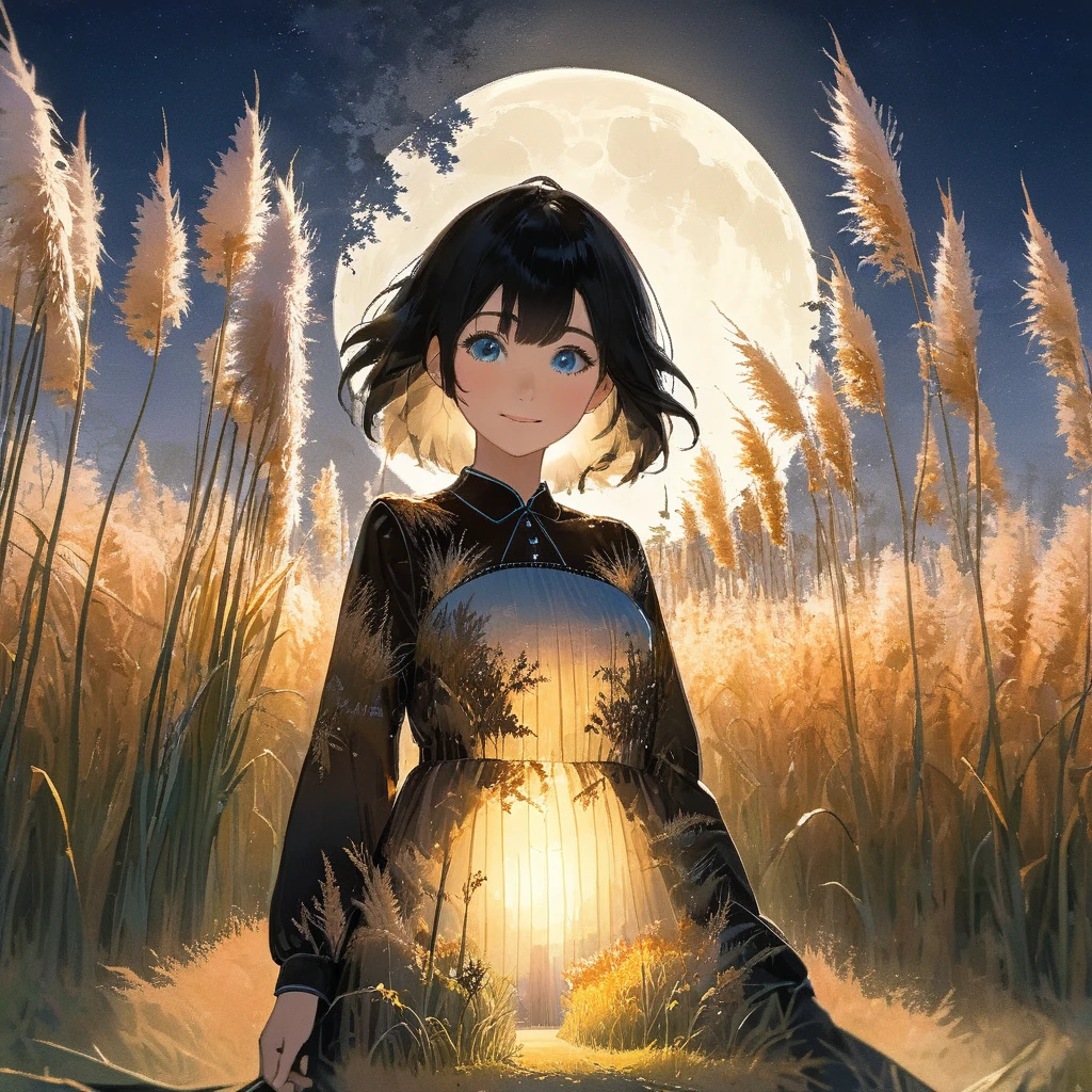 Girl, black hair, blue eyes, long-sleeved dress (double exposure, pampas grass field, moonlit night), smile, detailed anime style, background is lined with ginkgo trees, autumn scenery, beautiful expression of sunlight,