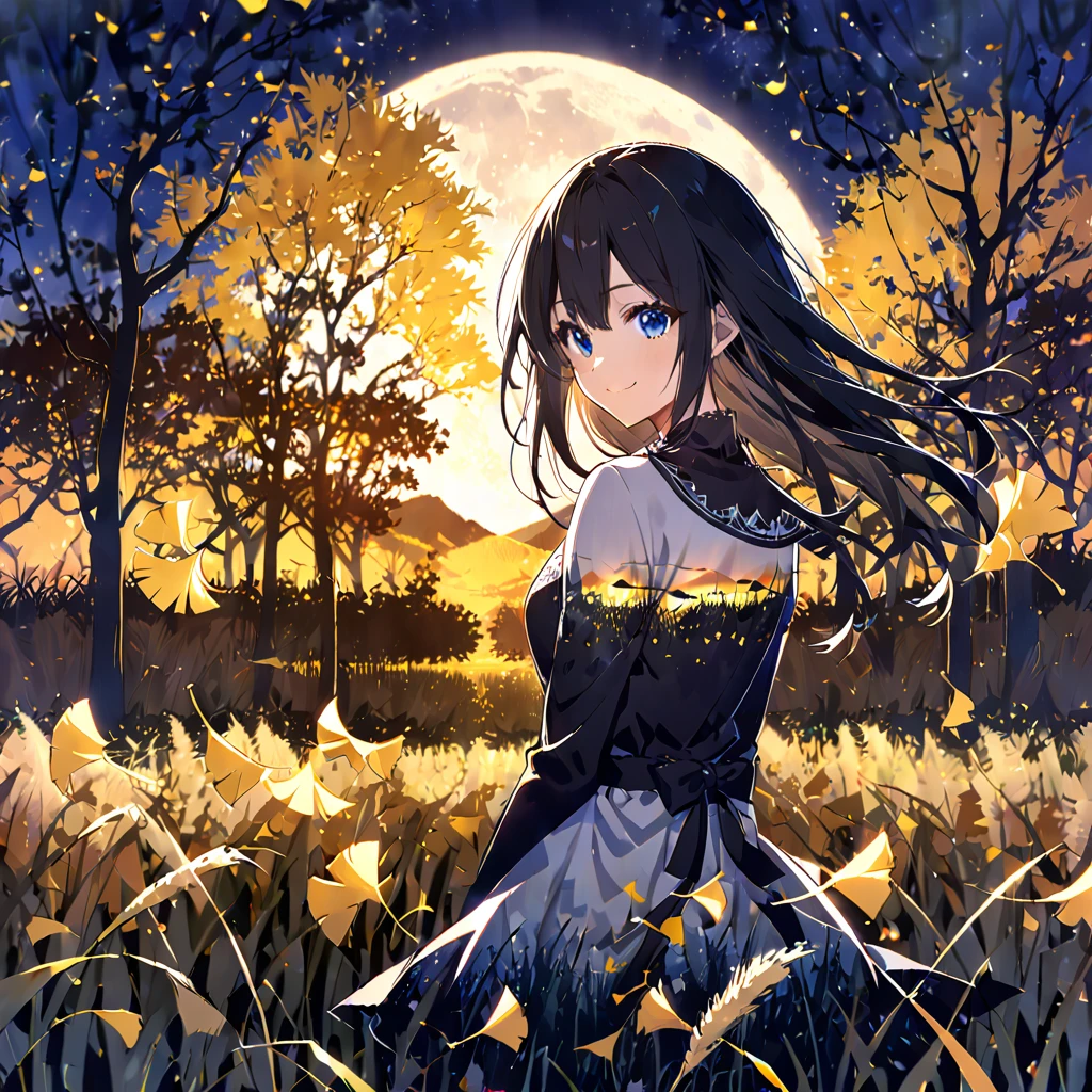 The background is a row of ginkgo trees, a girl, black hair, blue eyes, a long-sleeved dress (double exposure, pampas grass field, moonlit night), a smile, a detailed anime style, an autumn landscape, a beautiful expression of sunlight