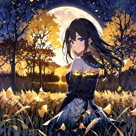 the background is a row of ginkgo trees, a girl, black hair, blue eyes, a long-sleeved dress (double exposure, pampas grass fiel...