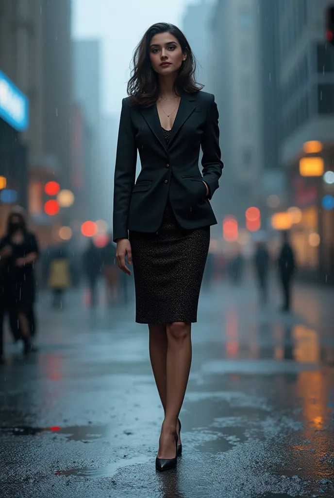 a woman wearing blazer and skirt standing tall on the wet street, after rain