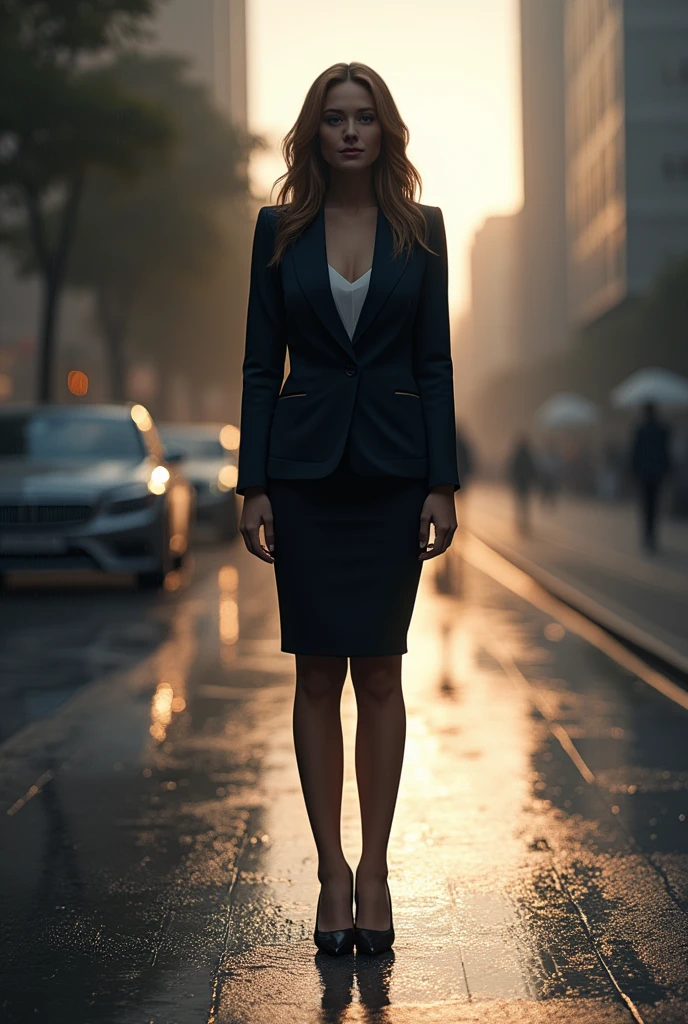 a woman wearing blazer and skirt standing tall on the wet street, after rain