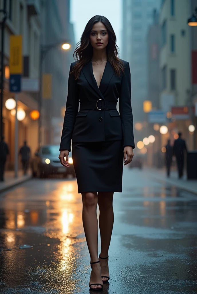 a woman wearing blazer and skirt standing tall on the wet street, after rain