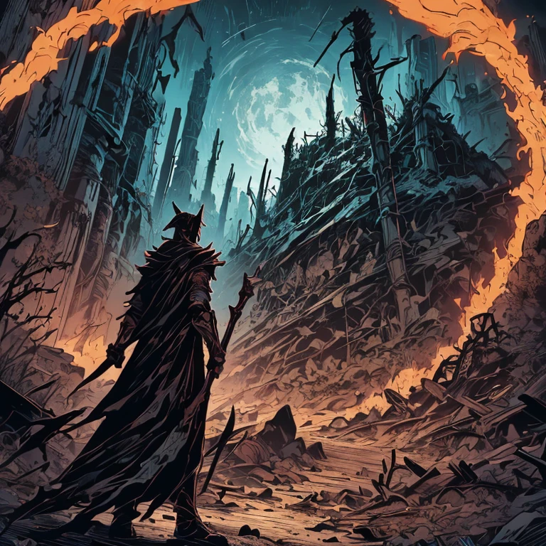 The Pandemonium Tarot card depicts a chaotic, post-apocalyptic wasteland, with jagged, crumbling towers and swirling dark skies. A towering, skeletal figure clad in tattered, spiked armor looms over twisted ruins, its eyes glowing with malevolent, fiery intent, excellent detailed, masterpiece, professional.

