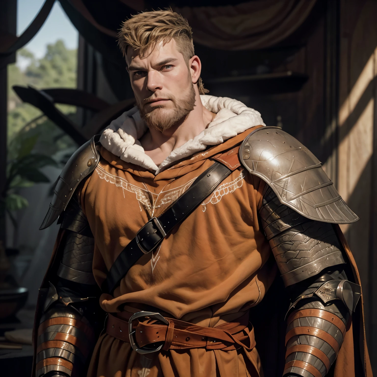 A realistic old knight, Alpha male, chubby muscle, very detail face, detail eyes, imposing lord, he is wearing a very tight cleveage robe, very detail orange robe, a detailed belt at his waist, muscular chest, very prominent pectoral, looking at the viewer, imponent pose, bright purple eyes, short whitish hair, your hair is combed to the side, beard that makes the face look square, he's serious, seu peitoral está muito apertado na roupa, Wonderful highly detailed masterpiece, beautiful cinematic light deep focus, chic, digitalpainting, smooth ass, sharp focus, golden ratio, dramatic lighting, 8k, pixiv, only