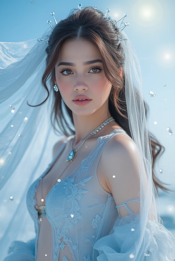 perfect figure beautiful young woman, smile, cleavage, huge breast Layered Hair Style, (Cleric:1.5), Jewelry Decoration, veil, Highly Detailed Face and Skin Textur, double-edged eyelid, long hair,  (background snow plains), diamond dust,