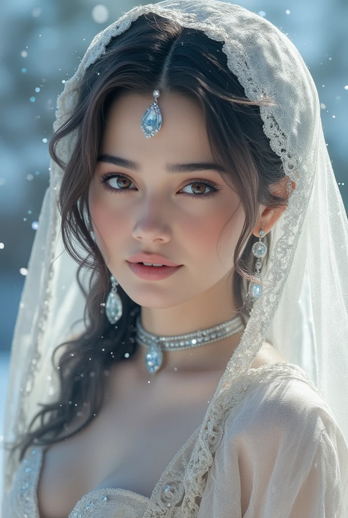 perfect figure beautiful young woman, smile, cleavage, huge breast Layered Hair Style, (Cleric:1.5), Jewelry Decoration, veil, Highly Detailed Face and Skin Textur, double-edged eyelid, long hair,  (background snow plains), diamond dust,