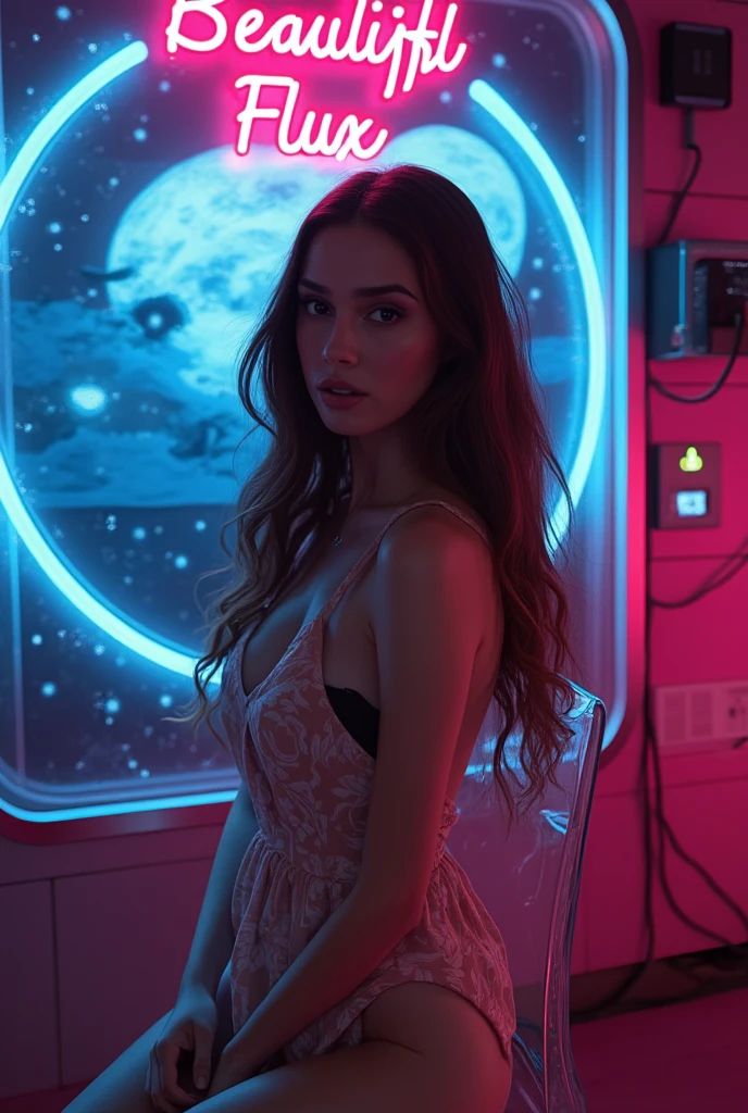 In a futuristic photo studio, a young woman, brown hair siren sits poised on a glass chair, enveloped by cinematic lighting and mesmerizing LED/neon accents. The sundress hugs her curves as she gazes directly at the camera, exuding sensuality amidst the textured night sky and moonlight backdrop. The 'Beautiful FLUX' sign above her head adds to the allure, while her expressive face, bathed in an atmosphere of ambiguity, beckons the viewer's gaze.