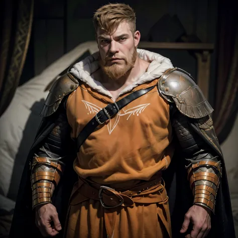 a realistic old knight, alpha male, chubby muscle, very detail face, detail eyes, imposing lord, he is wearing a very tight clev...