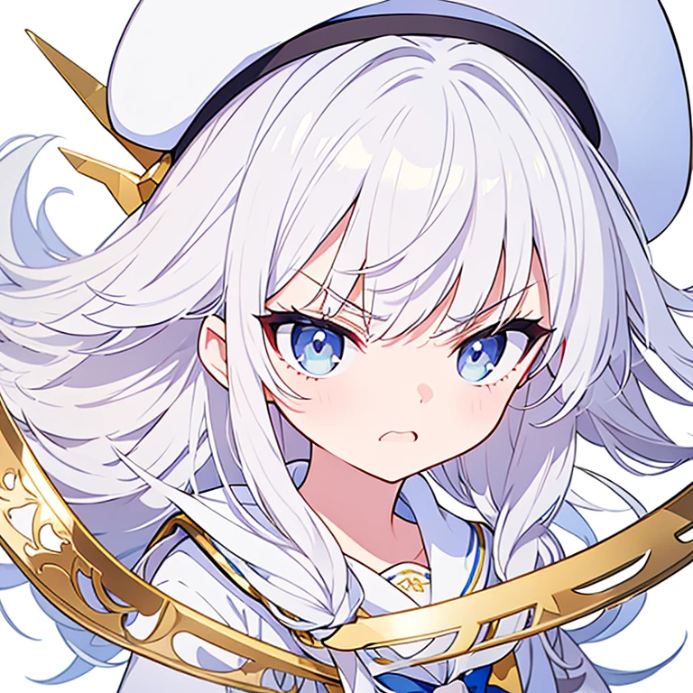 Angry、Pure white background、White hat with gold decoration、Long white hair、Sailor&#39;White uniform