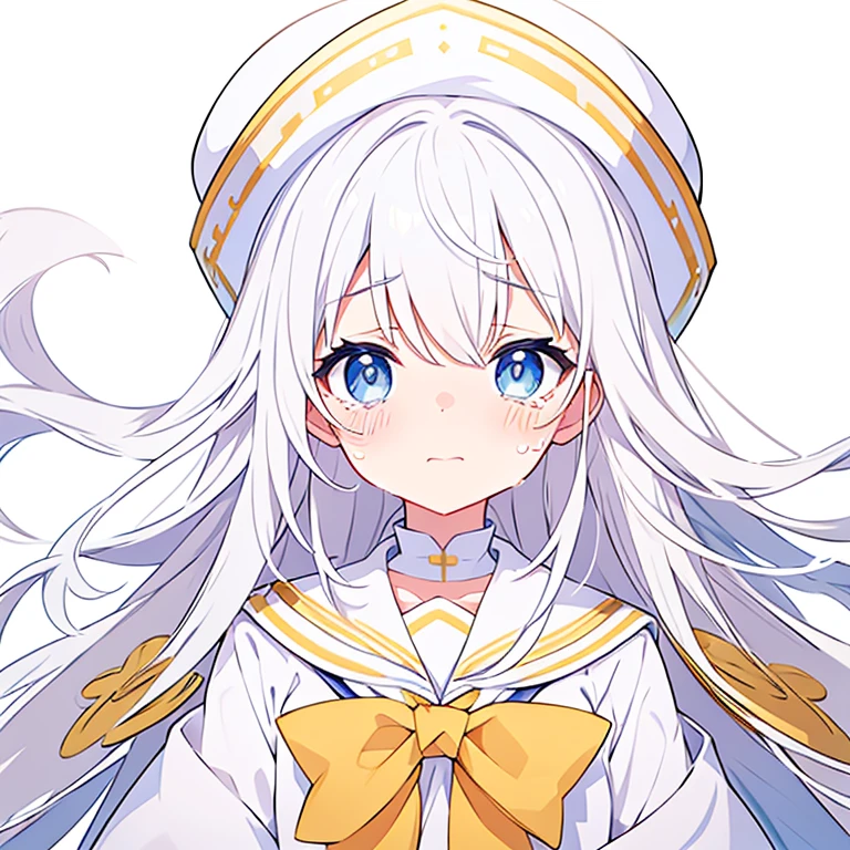 Crying、Pure white background、White hat with gold decoration、Long white hair、Sailor&#39;White uniform