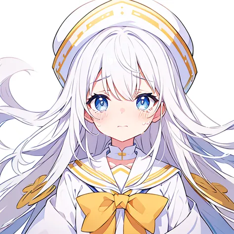 crying、pure white background、white hat with gold decoration、long white hair、sailor&#39;white uniform