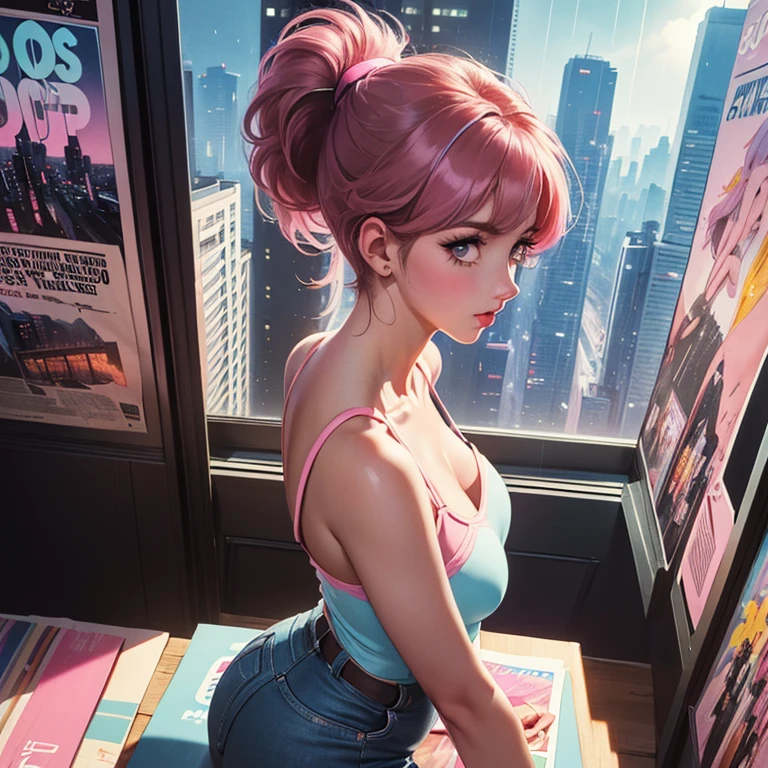 (80's, Retro City Pop Poster:1.5), (Album cover), (masterpiece, Best Quality), (anime, figure), (Pastel colors:1.4), Best photo poses, Dynamic Angle, Studying in the room, dark pink hair, ponytail, It's raining outside, Side cut, Alone, A perfect eye for detail, Delicate face, High Fashion,